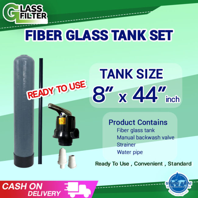 Fiber glass tank 8x44 inch. Manual backwash valve, Strainer, Water pipe